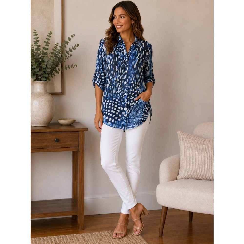 Chicos Blue Animal Polka Dot‎ Print Chiffon Button Down Tunic Shirt Size 0 Small